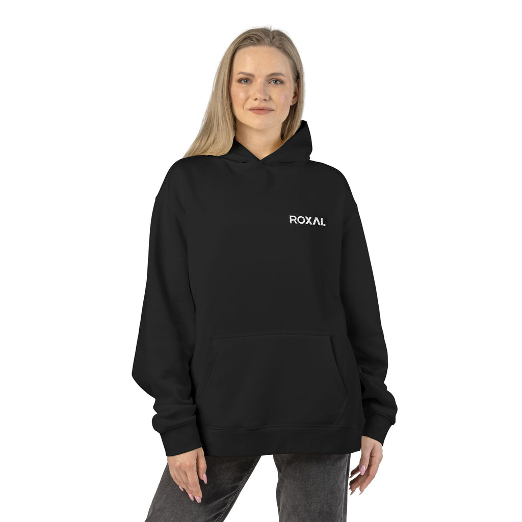 Roxal Minimal Logo Hoodie — Black Relaxed Fit Casual Pullover