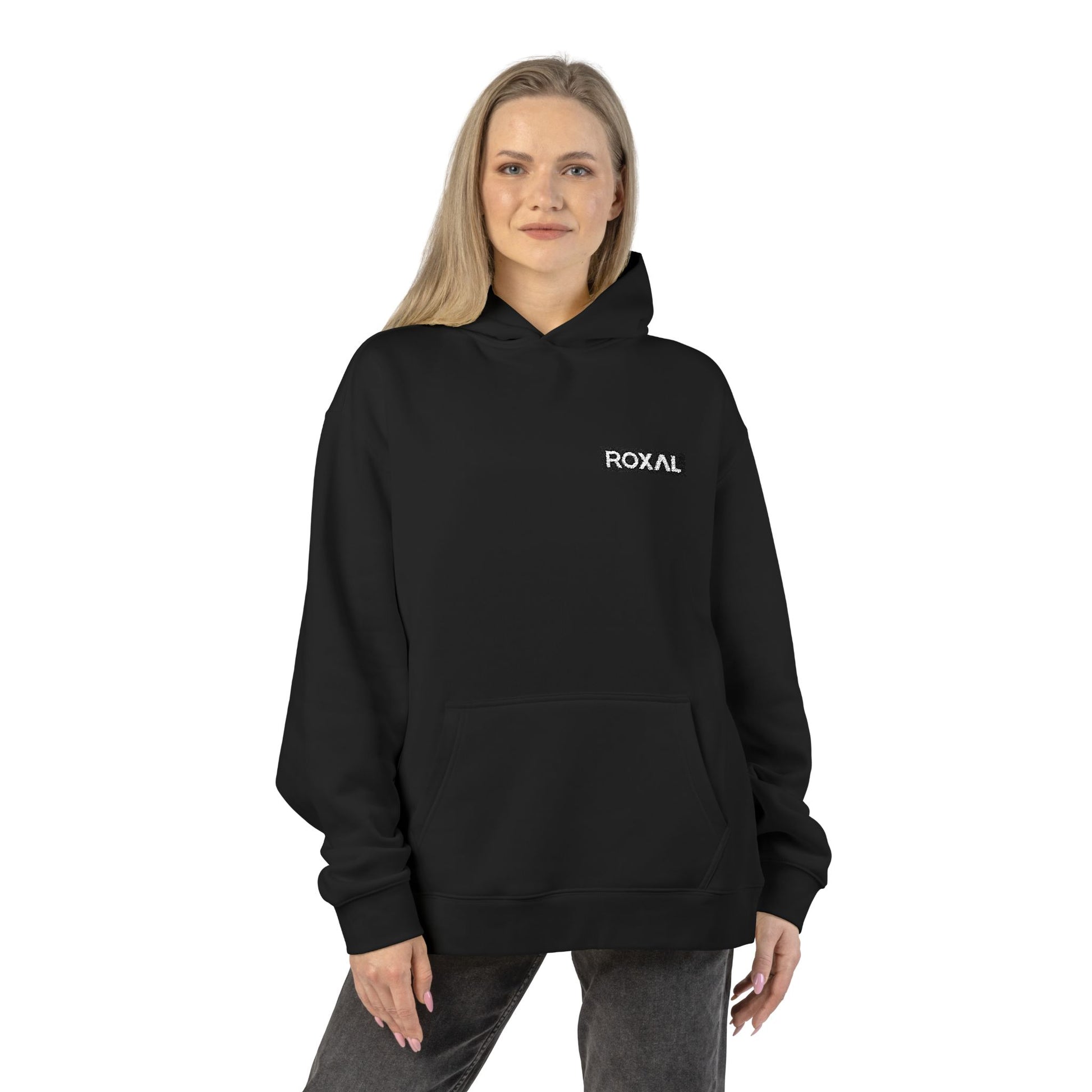 Roxal Minimal Logo Hoodie — Black Relaxed Fit Casual Pullover
