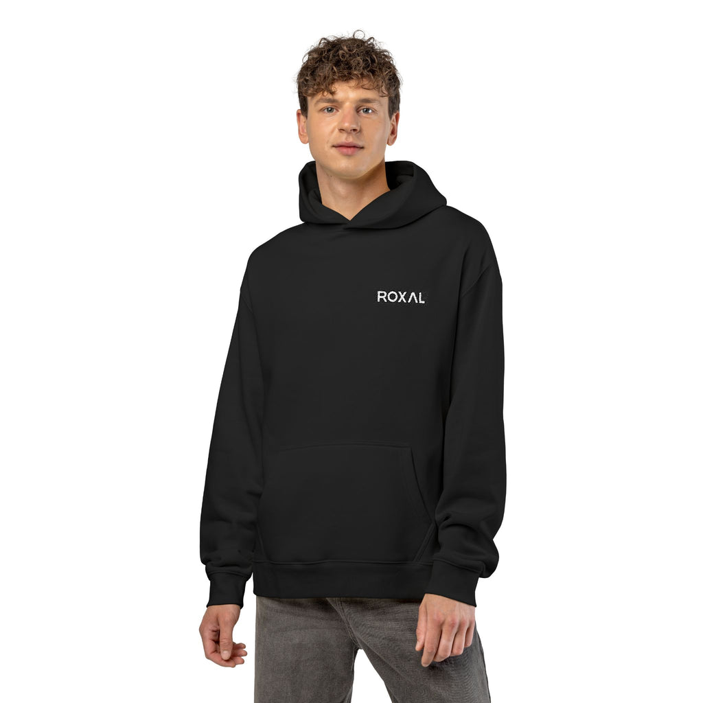 Roxal Minimal Logo Hoodie — Black Relaxed Fit Casual Pullover