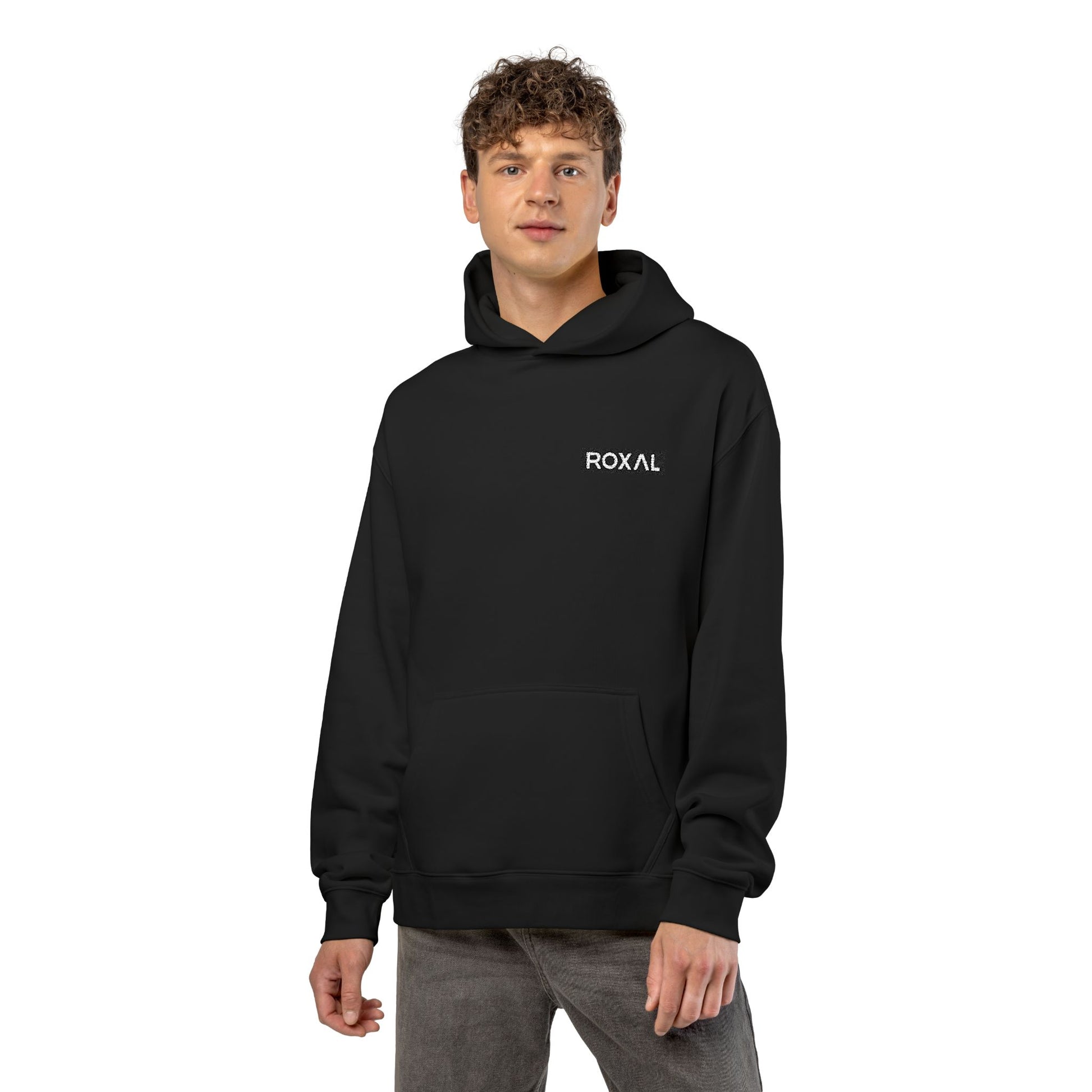Roxal Minimal Logo Hoodie — Black Relaxed Fit Casual Pullover