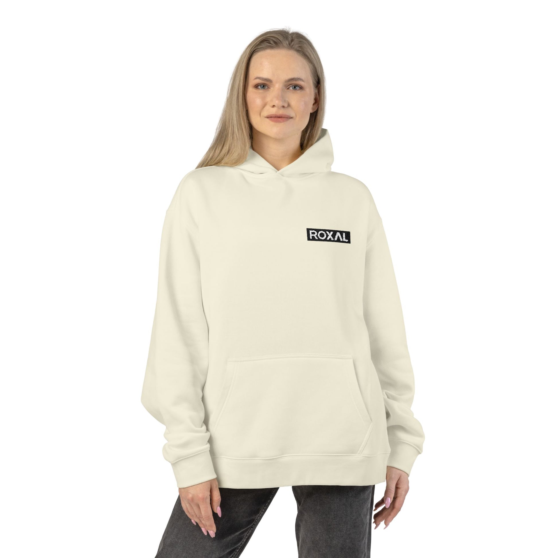 Roxal Minimal Logo Hoodie — Black Relaxed Fit Casual Pullover