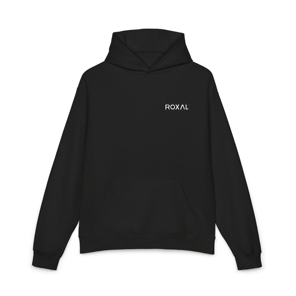Roxal Minimal Logo Hoodie — Black Relaxed Fit Casual Pullover
